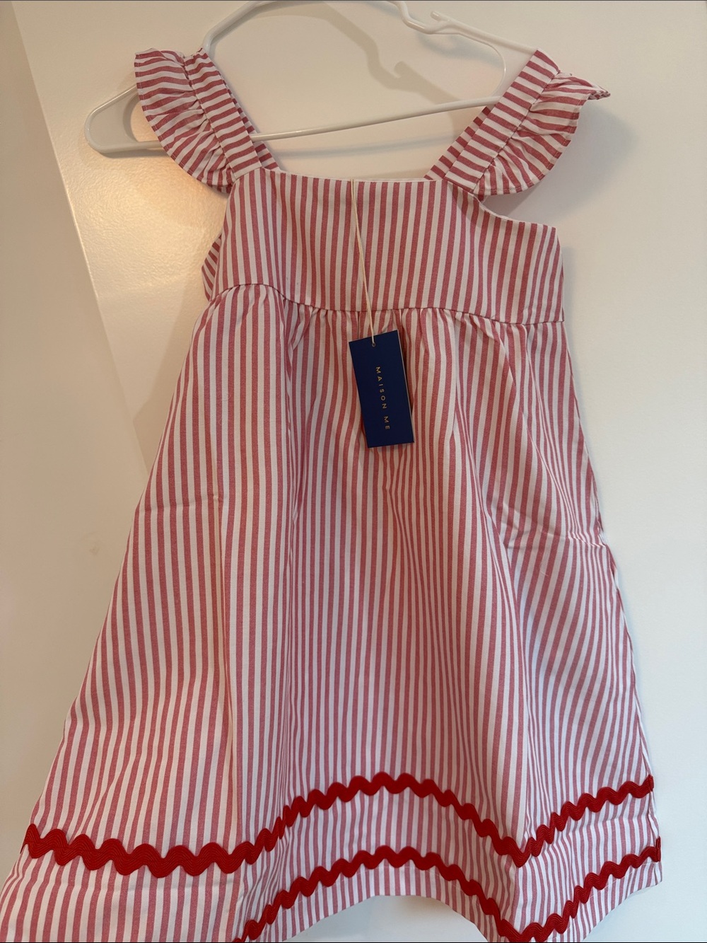 Maison me Striped Red & White Ruffle Strap Girls' Dress 12Y